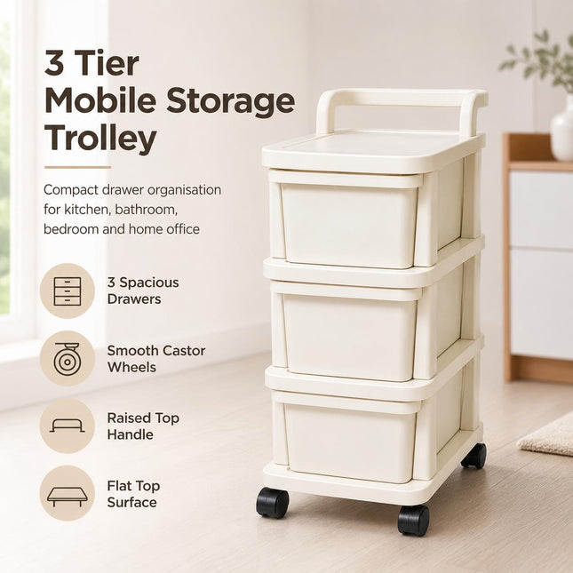 Storage Trolley 3 Tier Drawer Cabinet Plastic on Wheels for Kitchen Bathroom Bedroom Home Office Organisation