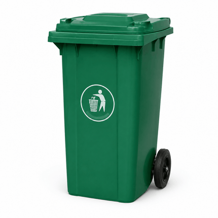 100L Green Wheelie Bin with Lid and Rubber Wheels, Heavy Duty HDPE Wheeled Refuse Bin for Household, Garden, Garage and Workplace Waste, 74 × 53 × 45 cm
