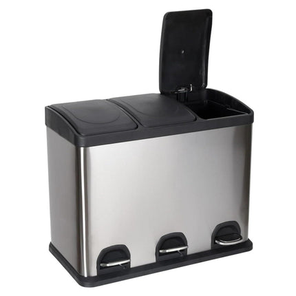 45L Stainless Steel Triple Compartment Pedal Bin – 3x15L Recycling Waste Bin