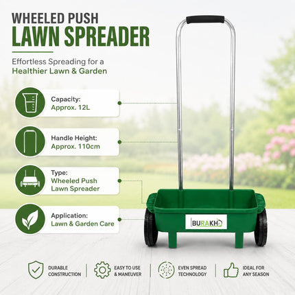 12L Lawn Seed Spreader Wheeled Push Garden Grass Seeder Fertiliser Lawn Feed Rotary Spreader with 110cm Handle for Garden Lawn Care