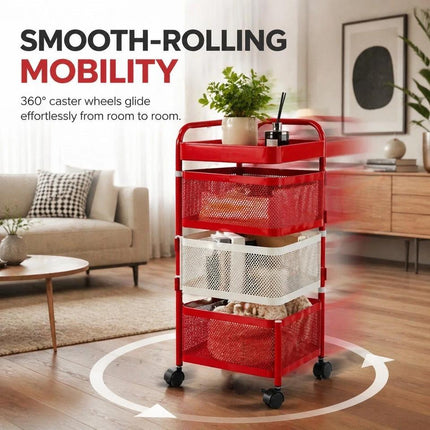 4 Tier Rotating Storage Trolley Rack, Carbon Steel Organiser Cart, Red & White
