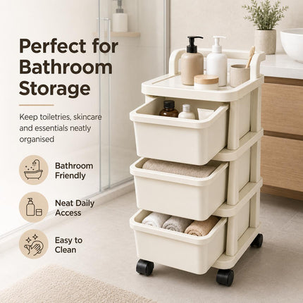 Storage Trolley 3 Tier Drawer Cabinet Plastic on Wheels for Kitchen Bathroom Bedroom Home Office Organisation