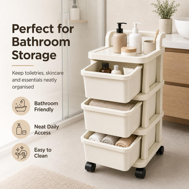Storage Trolley 3 Tier Drawer Cabinet Plastic on Wheels for Kitchen Bathroom Bedroom Home Office Organisation