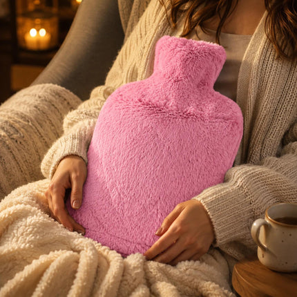 2L Hot Water Bottle with Soft Faux Fur Cover Pink Leakproof Warm Water Bottle Winter Warmer Heat Therapy for Back Pain, Period Cramps & Muscle Relief