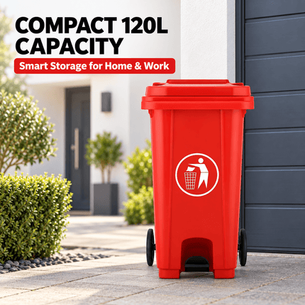 120L Red Outdoor Wheelie Bin with Lid, Heavy Duty HDPE Waste Rubbish Dustbin with Rubber Wheel