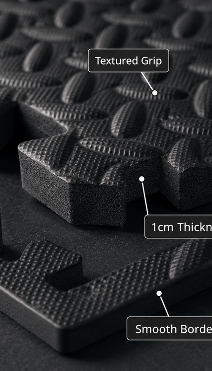 6pc Black EVA Foam Gym Mats 60 × 60 × 1cm with 8 Edge Borders
