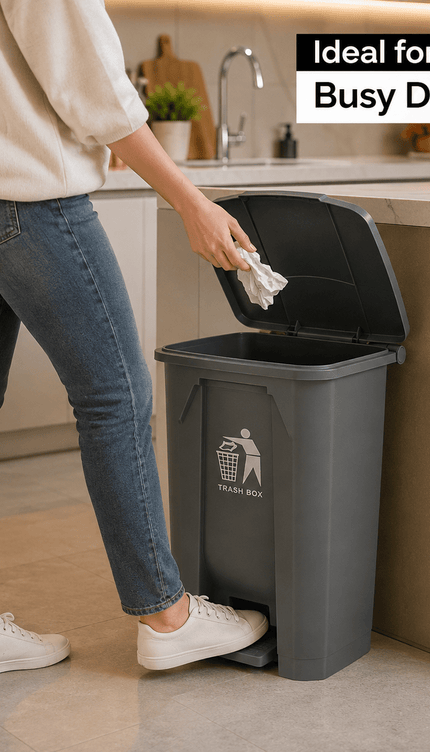 80L Grey Pedal Dustbin with Lid, Large Capacity PP5 Plastic Waste Bin, Foot Operated Rubbish Container for Kitchen, Office, Bathroom, Home & Commercial Use