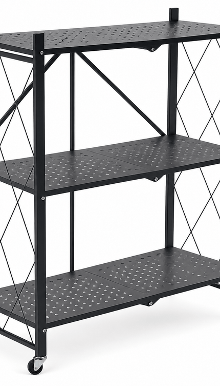 3 Tier Folding Storage Shelf Rack with Wheels, Freestanding Black Metal Shelving Unit, Foldable Mobile Organiser for Kitchen, Living Room, Bedroom, Office and Utility Room, Medium Size