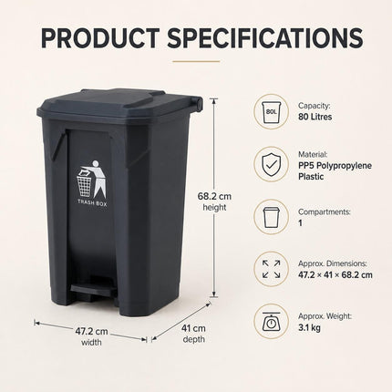 80L Pedal Bin with Lid, Large Black Plastic Kitchen Rubbish Bin for Home, Office, Bathroom and Workspace Waste