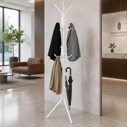 Coat Rack Stand with 12 Hooks, White Metal Clothes Hanger Tree, Hat & Umbrella Organizer for Entryway