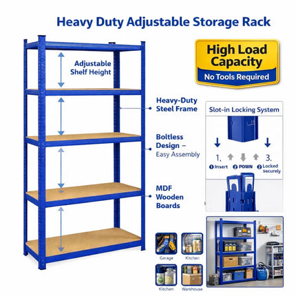 5 Tier Garage Storage Rack 180x90x40cm Heavy Duty Blue Galvanised Steel Adjustable Shelving Unit for Shed Warehouse Workshop