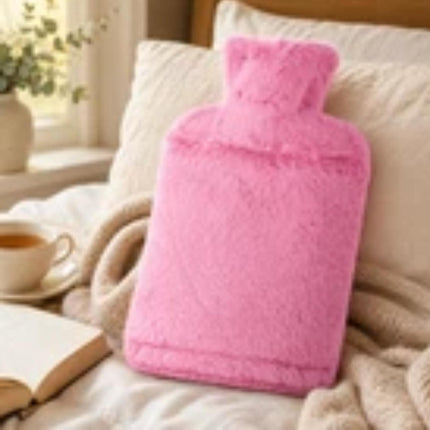 2L Hot Water Bottle with Soft Faux Fur Cover Pink Leakproof Warm Water Bottle Winter Warmer Heat Therapy for Back Pain, Period Cramps & Muscle Relief