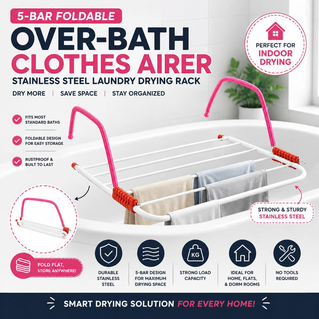 Foldable Over Bath Clothes Airer – 5-Bar Stainless Steel Laundry Drying Rack for Indoor Clothes Drying