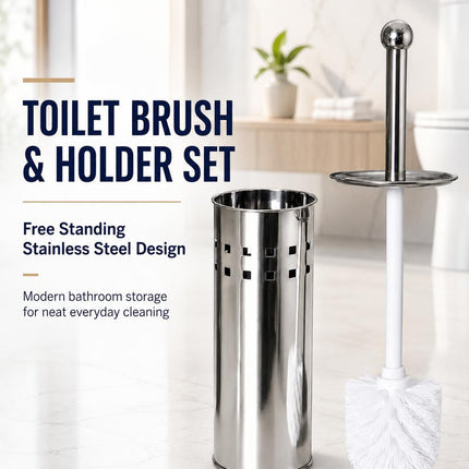 Toilet Brush With Holder Stainless Steel Bathroom WC Cleaning Brush Freestanding Silver White 38cm