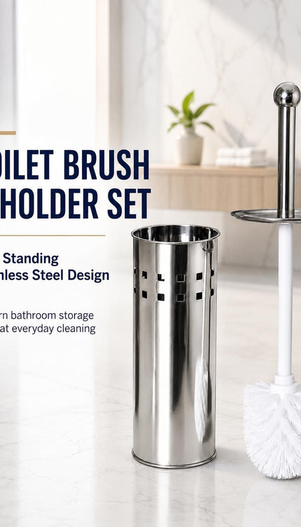 Toilet Brush With Holder Stainless Steel Bathroom WC Cleaning Brush Freestanding Silver White 38cm