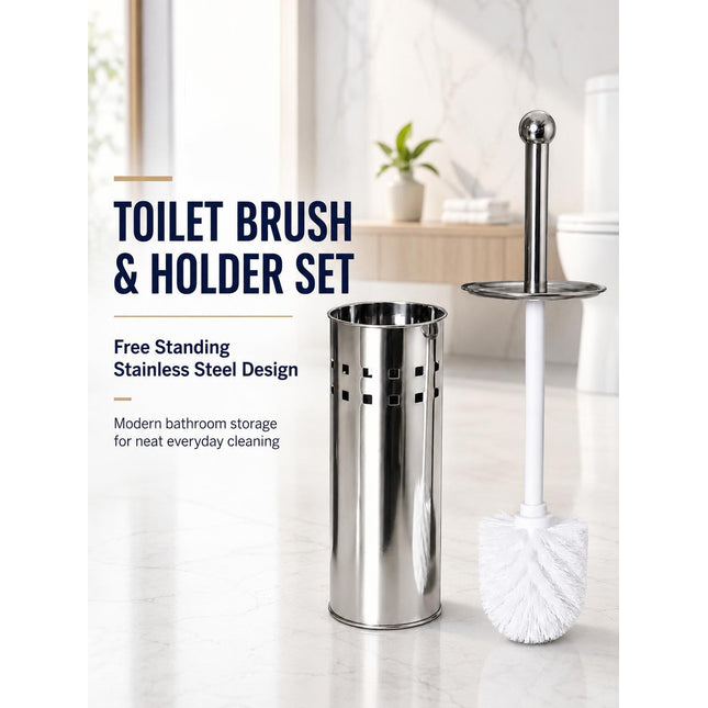 Toilet Brush With Holder Stainless Steel Bathroom WC Cleaning Brush Freestanding Silver White 38cm