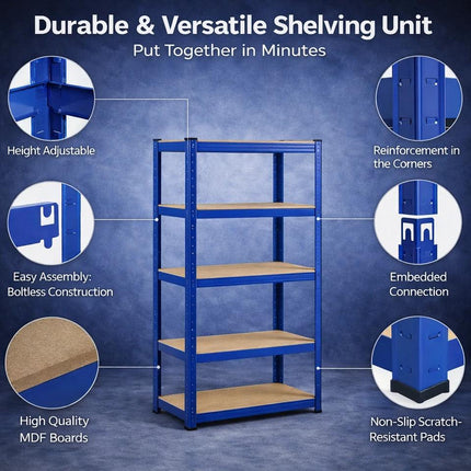5 Tier Heavy Duty Storage Rack with Adjustable Shelves Durable Sturdy Galvanised Steel Shelving Unit for Home Garage Office Industrial Warehouse Organiser High-Quality Household Storage Solution for Maximum Efficiency