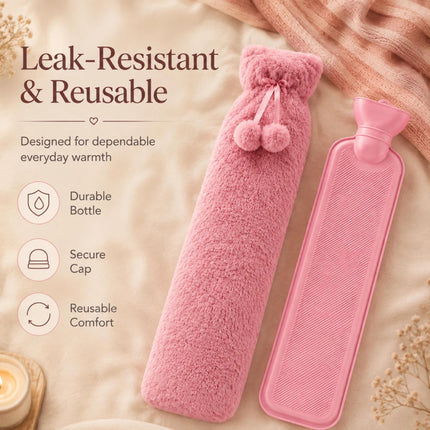 Hot Water Bottle with Soft Plush Fleece Extra Long 2.2L Cover  Pink  Long Heat Therapy Bottle for Neck, Back, Shoulders, Waist & Period Pain Relief