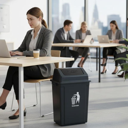 Large Plastic Swing Lid Trash Can Bin – Black Push Top Kitchen Rubbish & Recycling Waste Dustbin for Home, Office or Utility Room