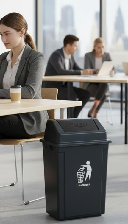 Large Plastic Swing Lid Trash Can Bin – Black Push Top Kitchen Rubbish & Recycling Waste Dustbin for Home, Office or Utility Room