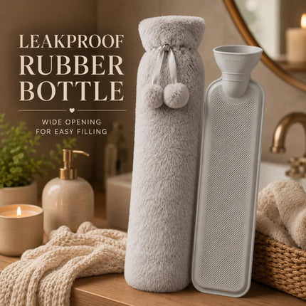 Hot Water Bottle with Soft Fleece Extra Long 2.2L Cover Body Pain Relief for Back, Neck, Shoulders & Legs  Light Grey