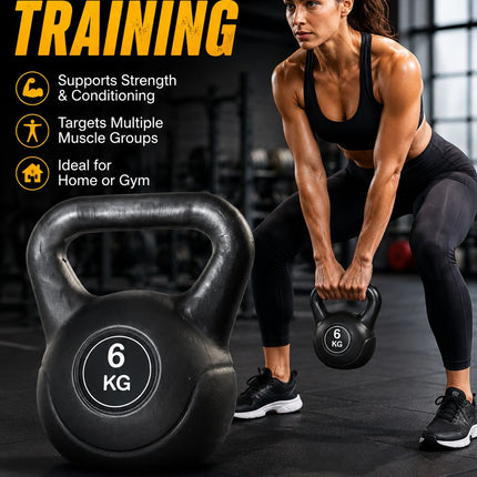 Vinyl Kettlebell Weight 4KG–20KG, Cast Iron Strength Training Equipment with Wide Grip Handle & Stable Flat Base, Free Weight for Home Gym, Squats, Swings and Full Body Workouts