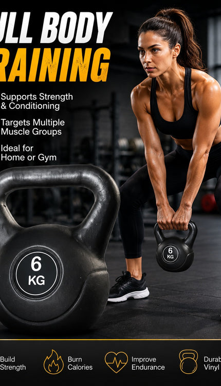 Vinyl Kettlebell Weight 4KG–20KG, Cast Iron Strength Training Equipment with Wide Grip Handle & Stable Flat Base, Free Weight for Home Gym, Squats, Swings and Full Body Workouts