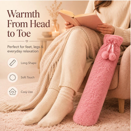 Hot Water Bottle with Soft Plush Fleece Extra Long 2.2L Cover  Pink  Long Heat Therapy Bottle for Neck, Back, Shoulders, Waist & Period Pain Relief
