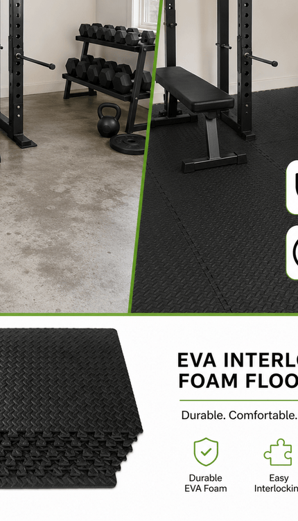 6pc Black EVA Foam Gym Mats 60 × 60 × 1cm with 8 Edge Borders