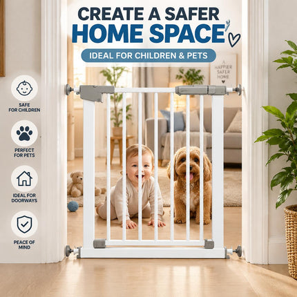 Baby Safety Gate Pressure Fit Stair Gate Auto Close Double Lock Steel Child Pet Gate Adjustable 63-70cm Doorway Barrier No Drill Installation Walk Through Safety Gate for Stairs Hallway Home