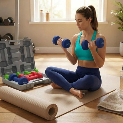 12kg Neoprene Dumbbell Set with Carry Case 1kg, 2kg & 3kg Pair Vinyl Hand Weights for Strength Training, Aerobics & Home Workouts – Anti-Roll, Non-Slip Grip, Compact Design