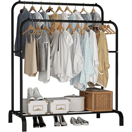 Double Clothes Rail Heavy Duty Garment Rack with Shoe Storage Display Stand for Bedroom Bedroom Wardrobe Organizer Hanging Clothes Rack with Bottom Shelf Storage