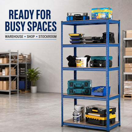 5 Tier Garage Storage Rack 180x90x40cm Heavy Duty Blue Galvanised Steel Adjustable Shelving Unit for Shed Warehouse Workshop