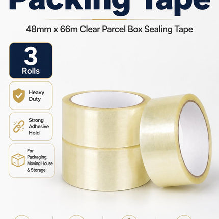 Packing Tape Clear Parcel Box Sealing Tape 3 Rolls Heavy Duty for Packaging Moving House & Storage 48mm x 66m