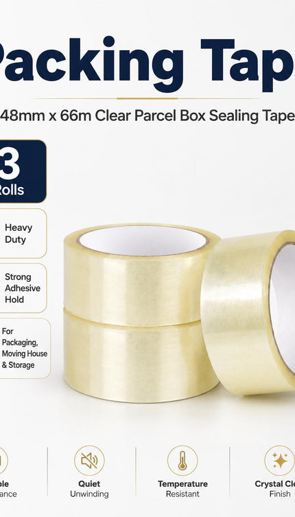 Clear Heavy Duty Parcel Box Sealing Tape – 3 Rolls, 48mm × 66m