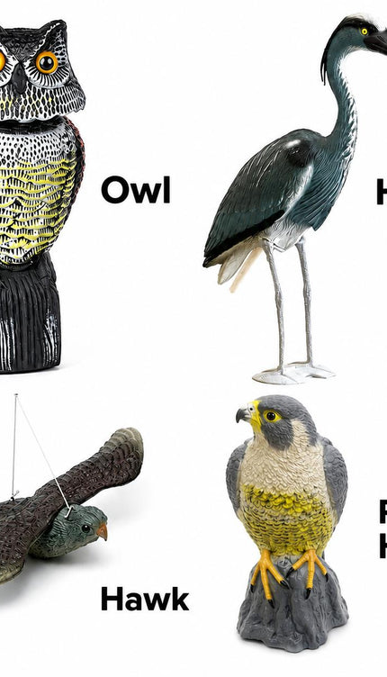 Bird Scarer Decoy Garden Ornament – Owl, Hawk, Heron & Plastic Hawk