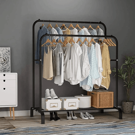 Double Clothes Rail Heavy Duty Garment Rack with Shoe Storage Display Stand for Bedroom Bedroom Wardrobe Organizer Hanging Clothes Rack with Bottom Shelf Storage
