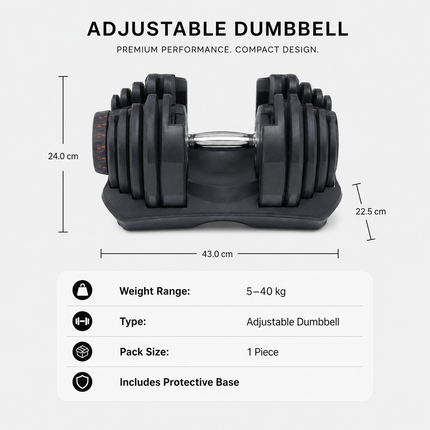 40kg Adjustable Dumbbell Quick Dial Weight System, Space Saving Home Gym Fitness Weight with Non-Slip Handle & Storage Base for Strength Training, Full Body Exercise – Pack of 1 or 2