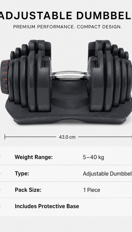 40kg Adjustable Dumbbell Quick Dial Weight System, Space Saving Home Gym Fitness Weight with Non-Slip Handle & Storage Base for Strength Training, Full Body Exercise – Pack of 1 or 2
