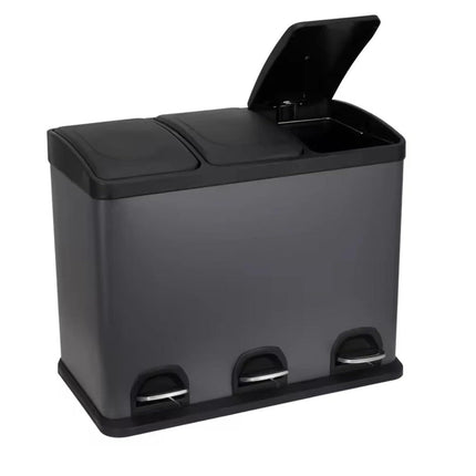 45L Stainless Steel Triple Compartment Pedal Bin – 3x15L Recycling Bin for Kitchen & Office