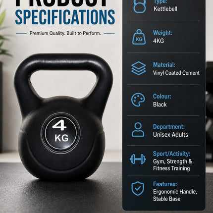 Vinyl Kettlebell Weight 4KG–20KG, Cast Iron Strength Training Equipment with Wide Grip Handle & Stable Flat Base, Free Weight for Home Gym, Squats, Swings and Full Body Workouts