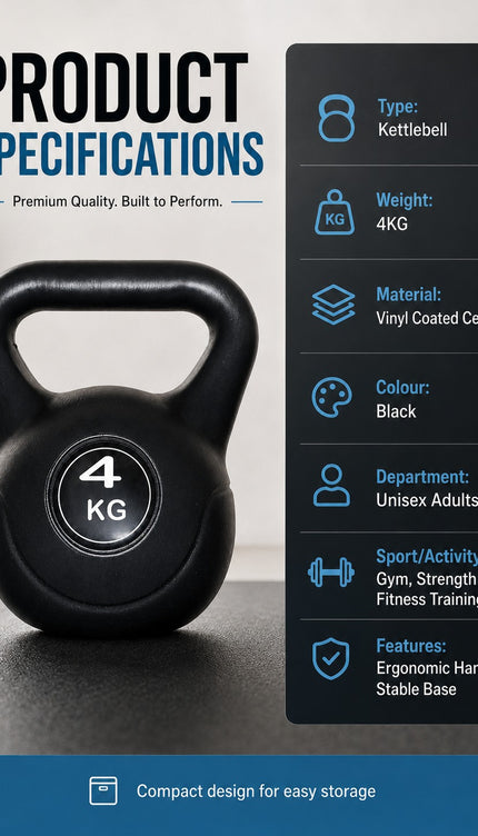 Vinyl Kettlebell Weight 4KG–20KG, Cast Iron Strength Training Equipment with Wide Grip Handle & Stable Flat Base, Free Weight for Home Gym, Squats, Swings and Full Body Workouts
