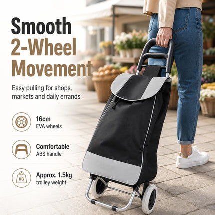 Shopping Trolley 35L Folding Lightweight 2 Wheel Cart with Large Waterproof Bag for Groceries Travel and Storage Black