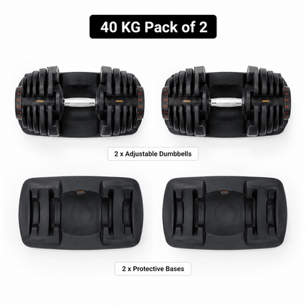 40kg Adjustable Dumbbell Quick Dial Weight System, Space Saving Home Gym Fitness Weight with Non-Slip Handle & Storage Base for Strength Training, Full Body Exercise – Pack of 1 or 2