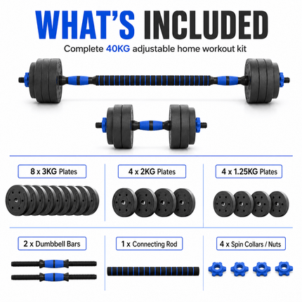40KG Adjustable Dumbbell Barbell Set with Push Up Bars & Connecting Rod Home Gym Weight Training Equipment