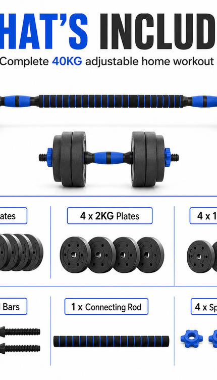 40kg Adjustable Dumbbell & Barbell Set with Push-Up Bars