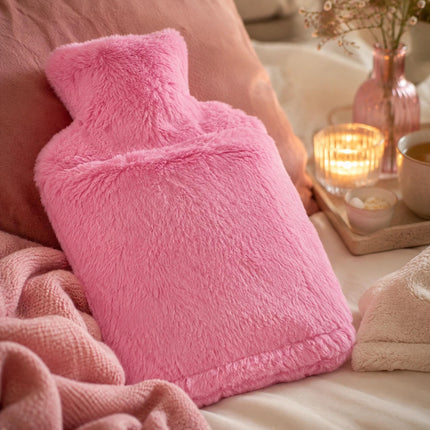 2L Hot Water Bottle with Soft Faux Fur Cover Pink Leakproof Warm Water Bottle Winter Warmer Heat Therapy for Back Pain, Period Cramps & Muscle Relief