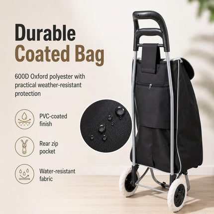 Shopping Trolley 35L Folding Lightweight 2 Wheel Cart with Large Waterproof Bag for Groceries Travel and Storage Black