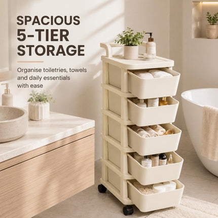 5 Tier Storage Trolley Plastic Drawer Cabinet on Wheels for Kitchen Bathroom Bedroom Home Office Organisation