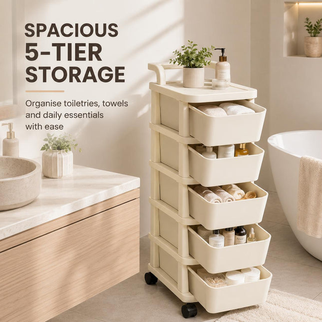 5 Tier Storage Trolley Plastic Drawer Cabinet on Wheels for Kitchen Bathroom Bedroom Home Office Organisation